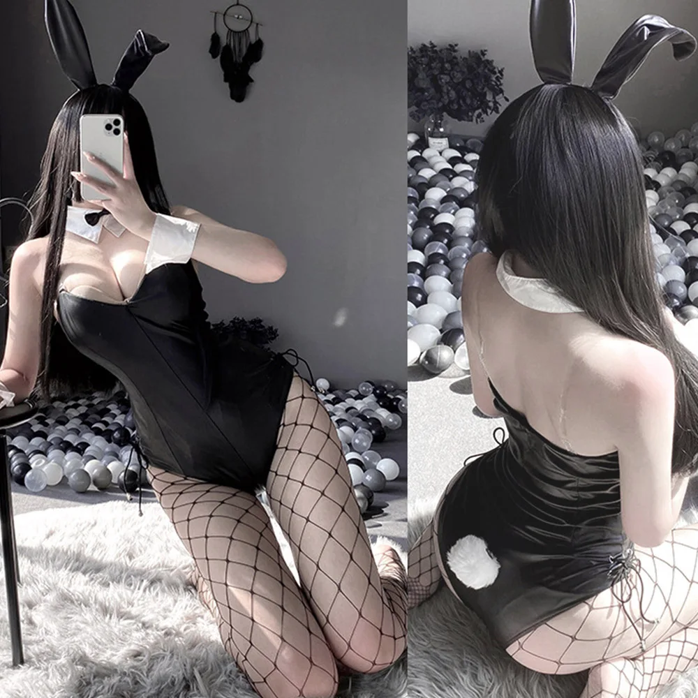 Sexy Bunny Cosplay Costume Women Men Sexy Bodysuit Lingerie Kawaii Bunny Girl PU Faux Leather Rabbit Suit Anime Outfit Halloween