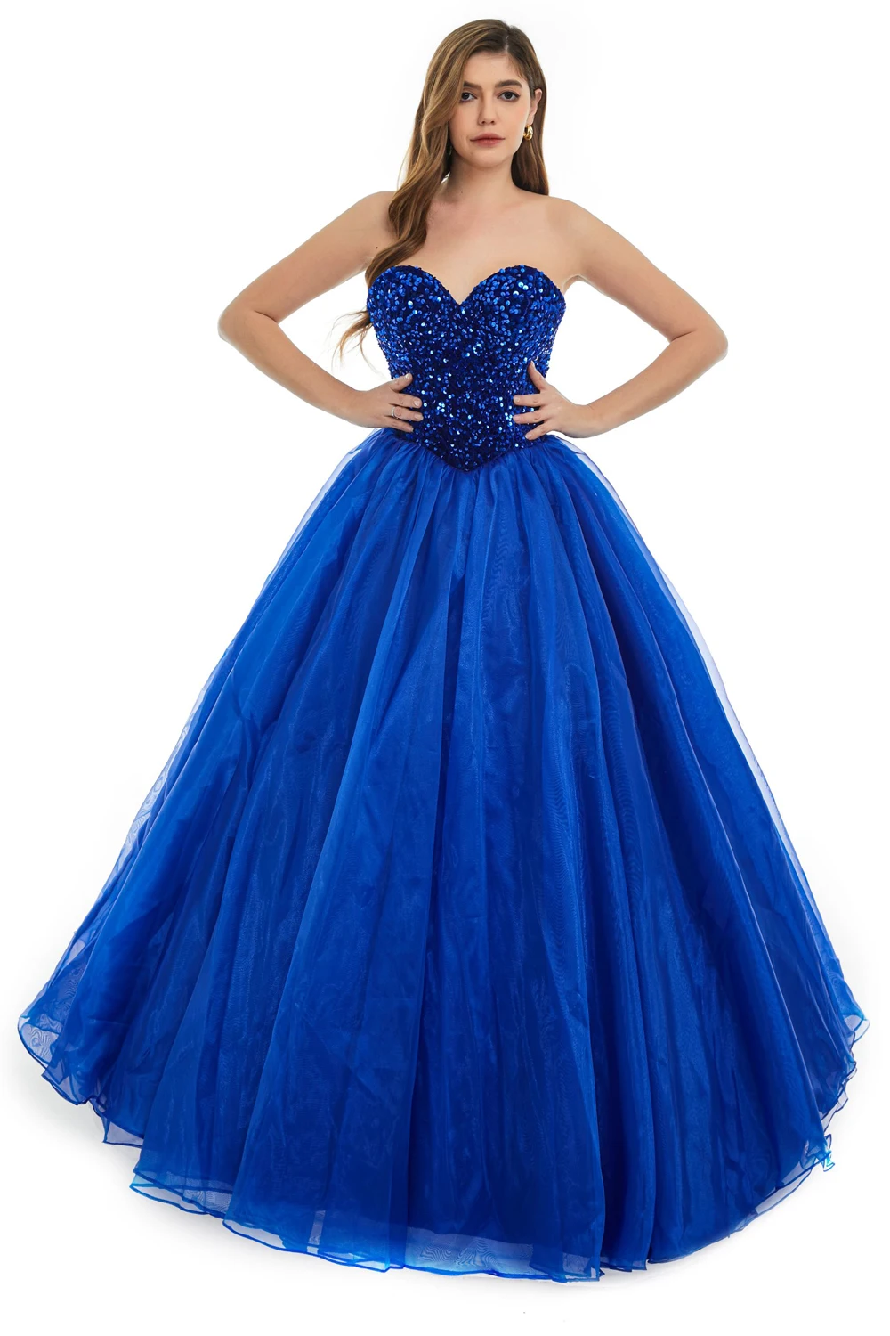 

Royal Blue Tulle Evening Dresses For Women Sweetheart Sequined Puffy Sleeves Lace Up Formal Party Prom Ball Gowns Robe De Soiree