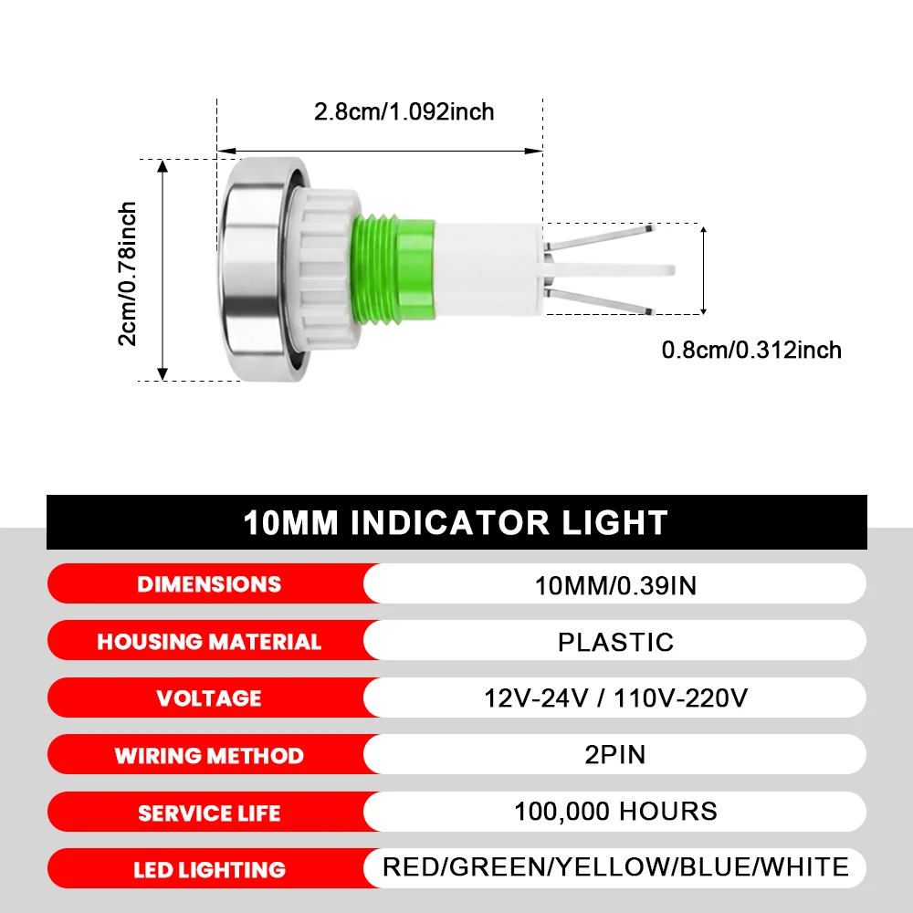 FILN 20PCS 10mm IP67 방수 파일럿 라이트 LED 경고 표시등 12-24V 110-220V 자동차 해양 제어 장치 대시보드용