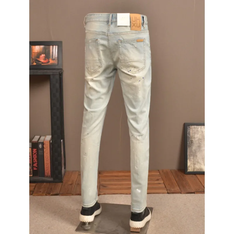 Spring thin light blue spray paint distressed MEN'S jeans fashion trendy elastic slim fit patch straight leg casual denim pants