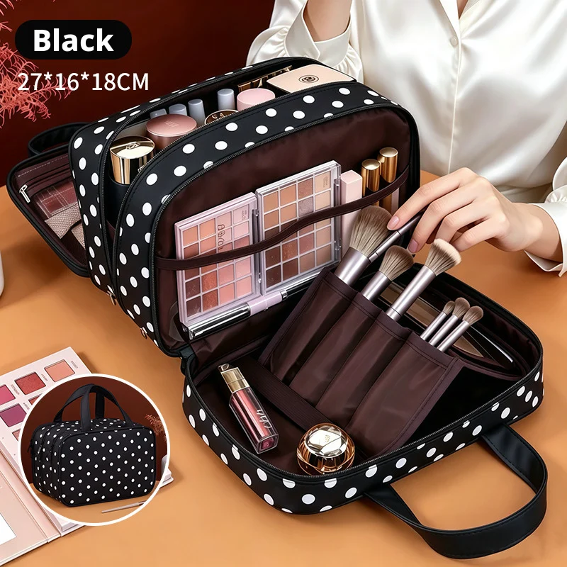 Borsa per il Trucco a Pois Multifunzionale con Tre Scomparti in PU, Grande Capacità, Impermeabile, per Viaggi e Conservazione - immagine 2