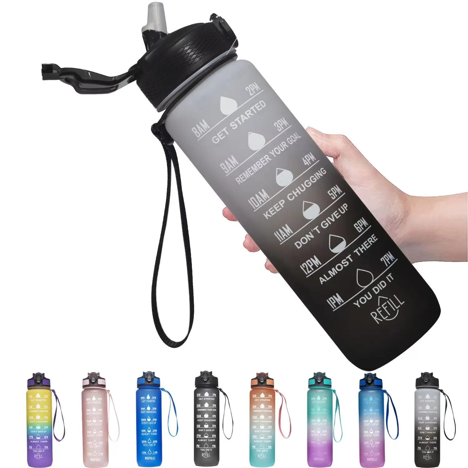 Water Bottle 1L with Straw Motivational Time Marker & Buckle Strap Leak-Proof Tritan BPA-Free Sports Water Bottle