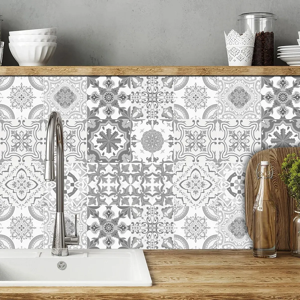 Gray Moroccan Wall Sticker Art Waterproof Vinyl Peel and Stick Tile Sticker Home Decor Kitchen Bathroom Decal 12PCS 15CM