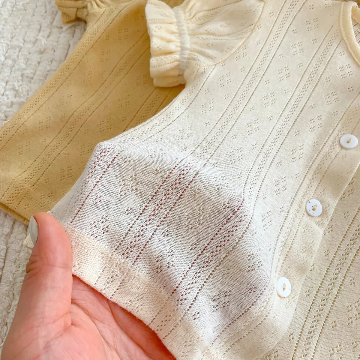 여아용 단색 구김 니트 탑 티셔츠 및 반바지,  의류 세트, 0-24m, 2 개, 2024 여름 신상