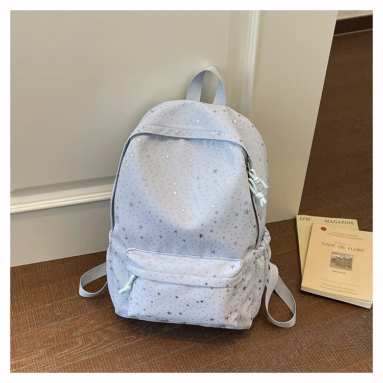 Women Star Canvas Backpack Multi-Pockets Bookbag Large-capacity Daypack with Bowknot Pendant for Middle And High School Students 6