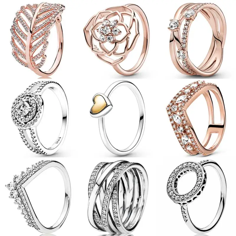 

925 Sterling Silver Ring Shimmering Light As A Feather Double Halo Domed Golden Heart Ring For Women Gift Fashion DIY Jewelry