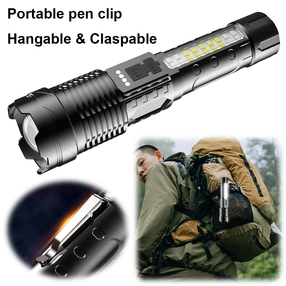 Emergency Spotlight USB Rechargeable 30W High Strong Power LED Flashlights 800LM Outdoor Lantern IPX4 Waterproof Telescopic Zoom