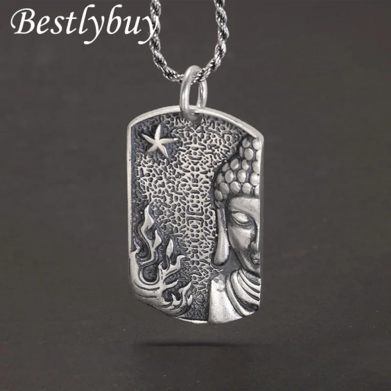

Real Pure 999 Sterling Silver Retro Buddha Head Tag Pendant Necklace for Men and Women Six Words Mantra Buddhist Jewelry