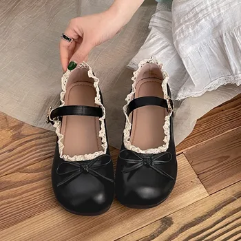 Lolita PU Leather JK Flat Shoes Bow Sweet Slip On Loafers Soft Sole Lace Ruffled Mary Jane Shoes Women 1