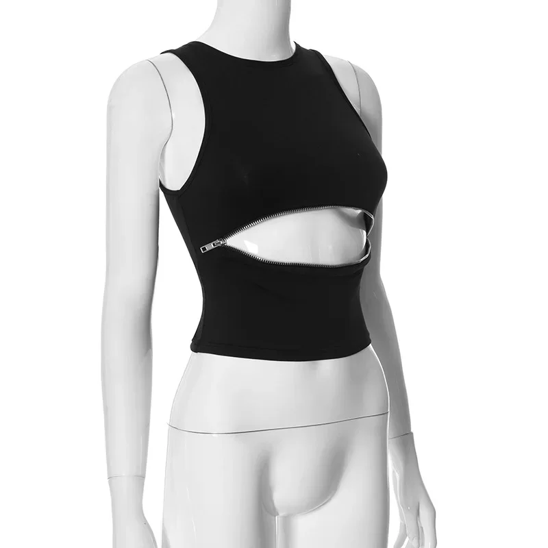 Camisetas de verano informales de color sólido Y2k, nuevas, a la moda, ajustadas, huecas, sexys, cortas, para mujer, sin mangas, con cremallera y cuello redondo, camiseta sin mangas para mujer