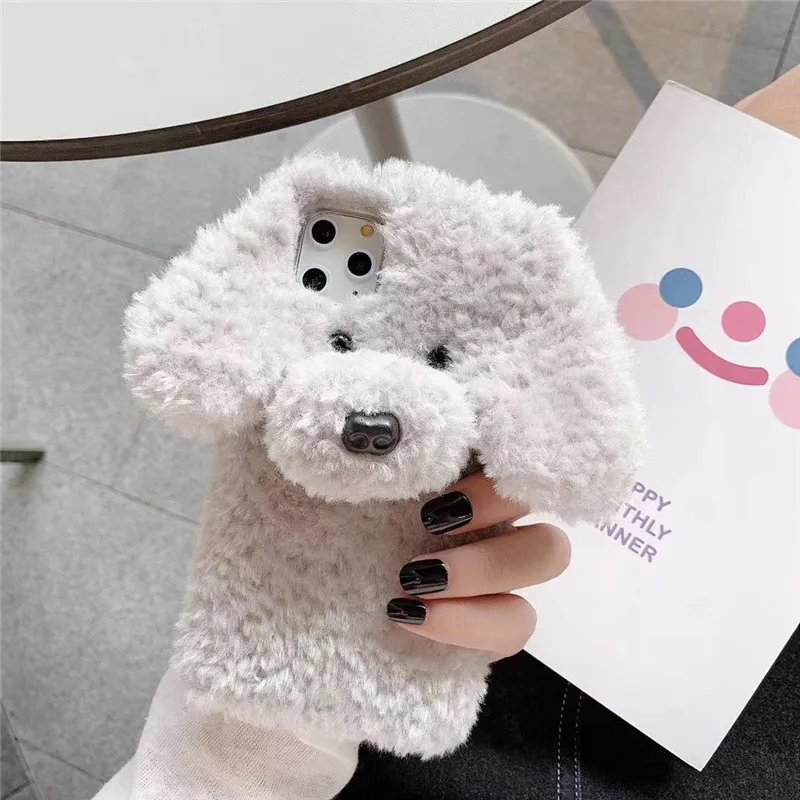 Per iPhone 11 Peluche Custodia Cover, Carino Custodia in Peluche 3D Teddy Dog Inverno, Custodia Protettiva Flessibile in Silicone Morbido per iPhone 11, Caldo Cover Peloso Antigraffio Antiurto, Black