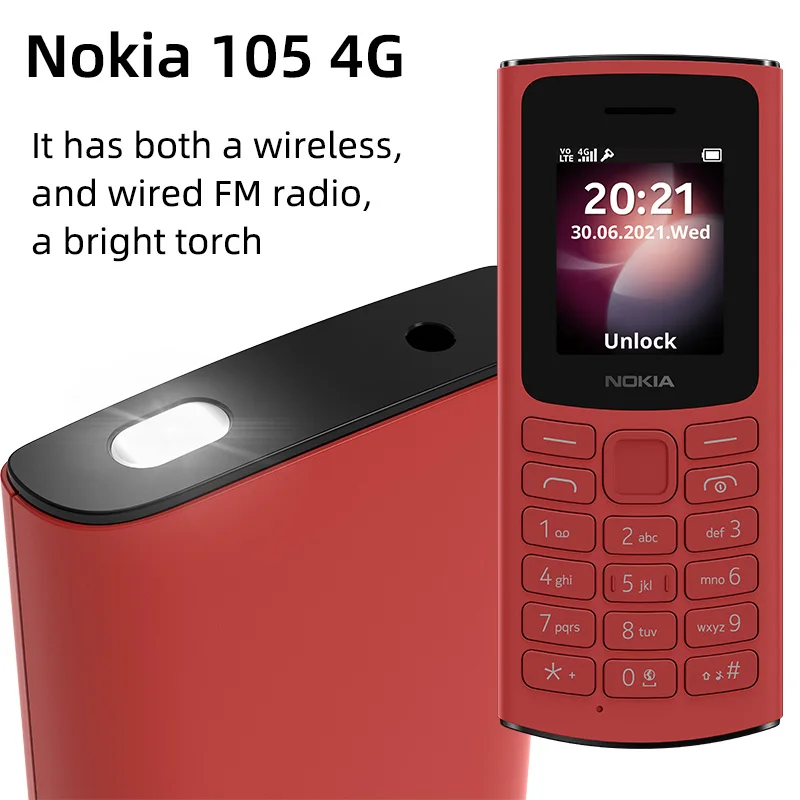 Original New Nokia 105 4G Dual SIM 1020 mAh Battery Ultra-long Standby with Flashlight Games FM Radio Rugged Push-button Phone