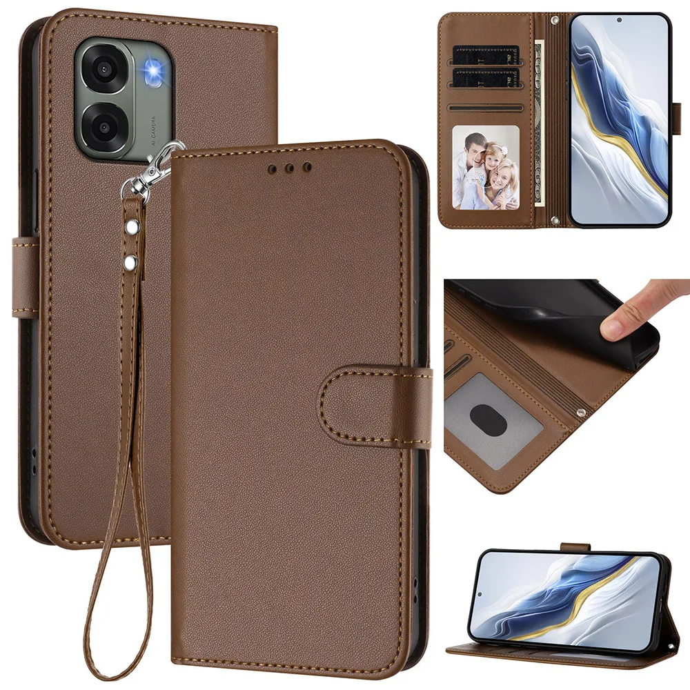 Leather Flip Wallet Phone Case with Card Holder and Strap