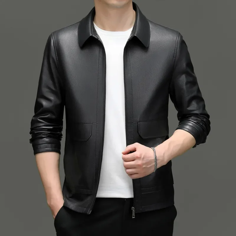 

Men's Leather Coat High-End Genuine Clothes Casual Polo Collar Autumn New Sheepskin Black Jacket Men