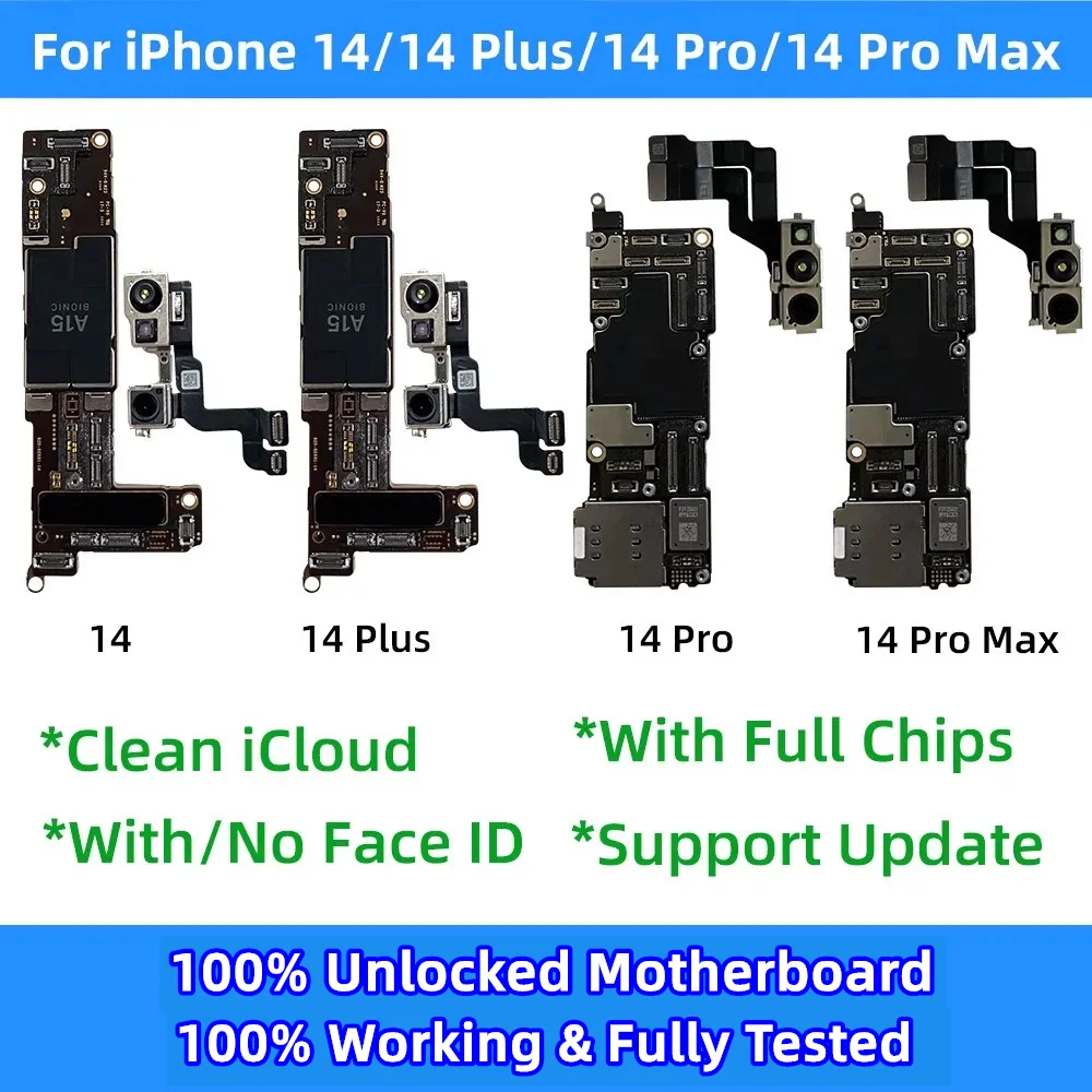 

100% Tested For iPhone 14 Pro Max Logic board For iphone 14 Plus Motherboard No/With Face ID Unlocked mainboard Clean iCloud