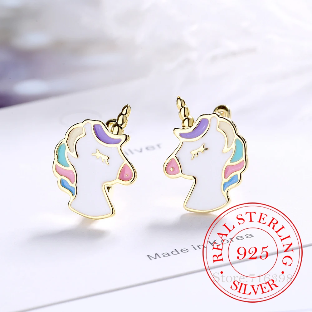 

Real 925 Sterling Silver Earring Cute Unicorn Stud Earrings for Ladies Girls Daughters Party Jewelry Best Friend Gift For Love