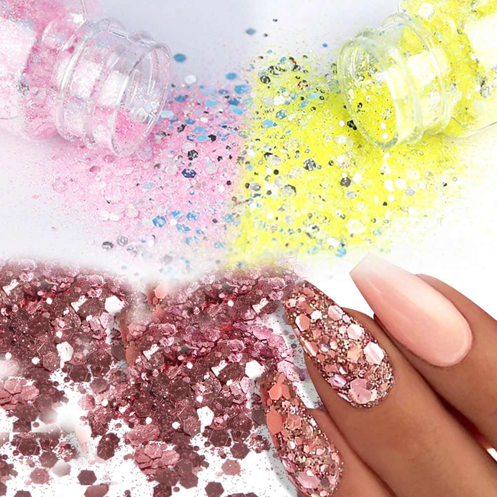 

20g Nail Glitter Powder,Chunky Opal Clear Glitter Dust Bottle Iridescent Polyester Design with Acrylic Liquid Monomer Powders