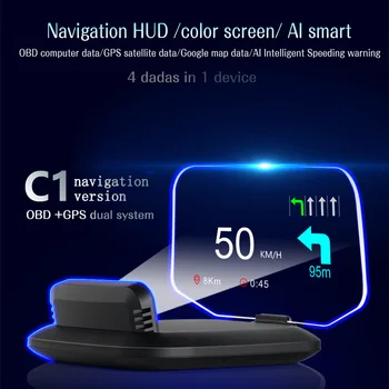 HD C1 OBD2 HUD pantalla frontal de coche proyector de navegación GPS medidor de velocidad Digital KMH MPH alarma de exceso de velocidad RPM Plug and Play 1