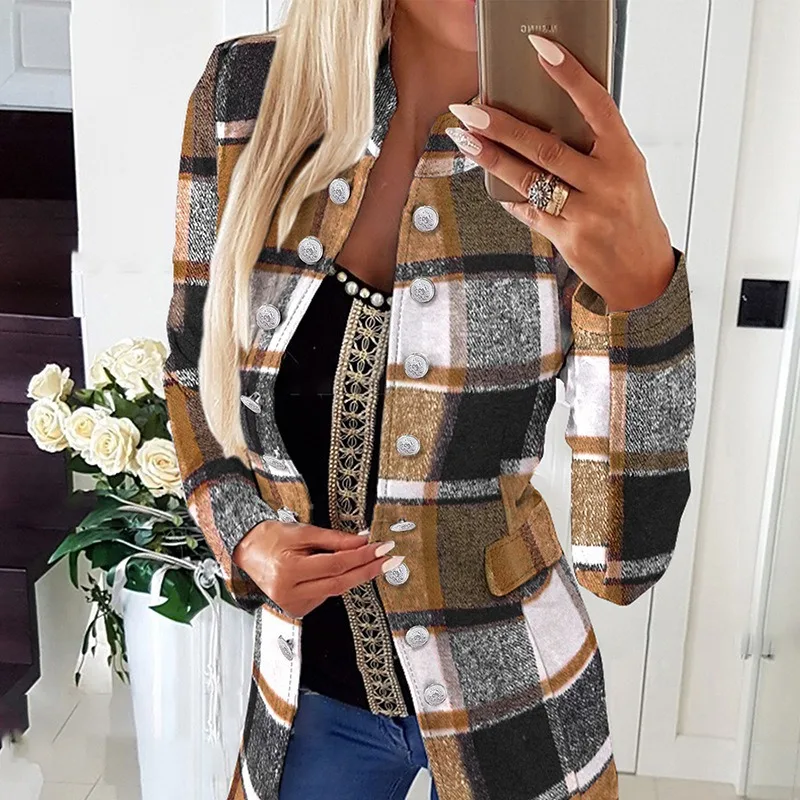 

Trend Women Long Sleeve Velvet Jacket Fashion Plaid Slim Fits Single Breasted Long Coats Outwear Casual Suits Jackets Blazers