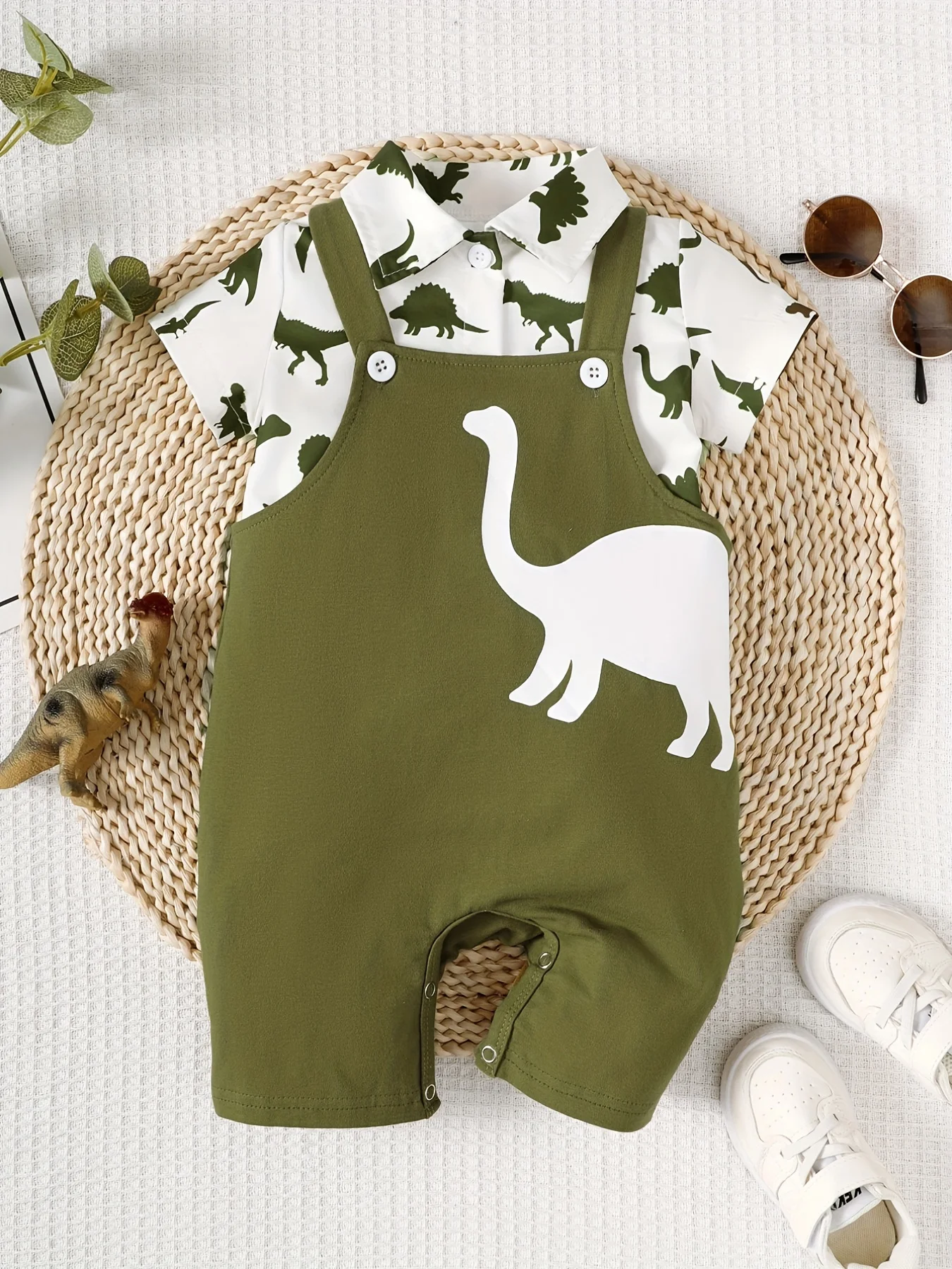 قميص ديناصور للربيع والصيف بأكمام قصيرة مع طقم مكو...