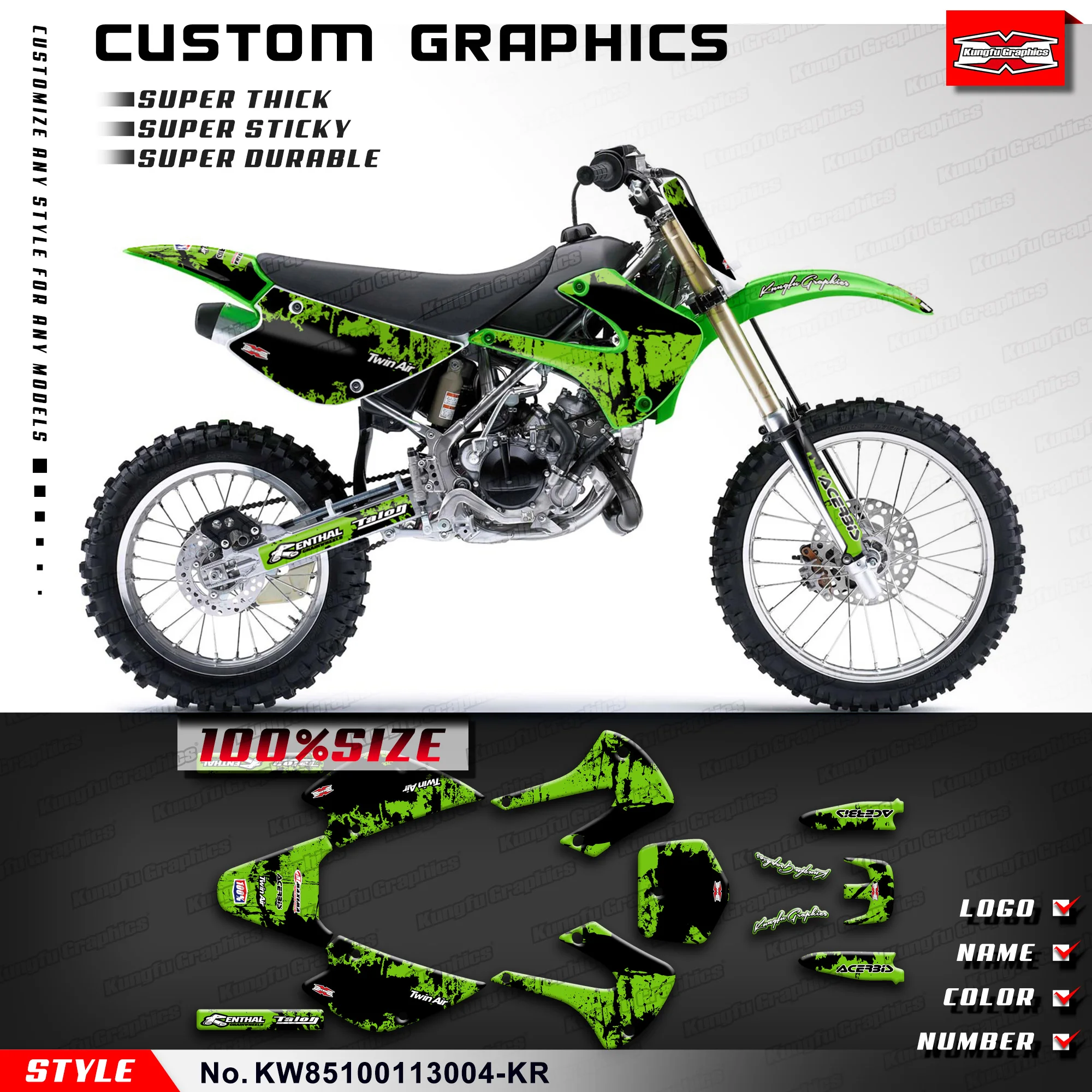 

KUNGFU графические наклейки, наклейки, ламинированные наклейки для Kawasaki KX 85 100 2001-2013, KW85100113004-KR