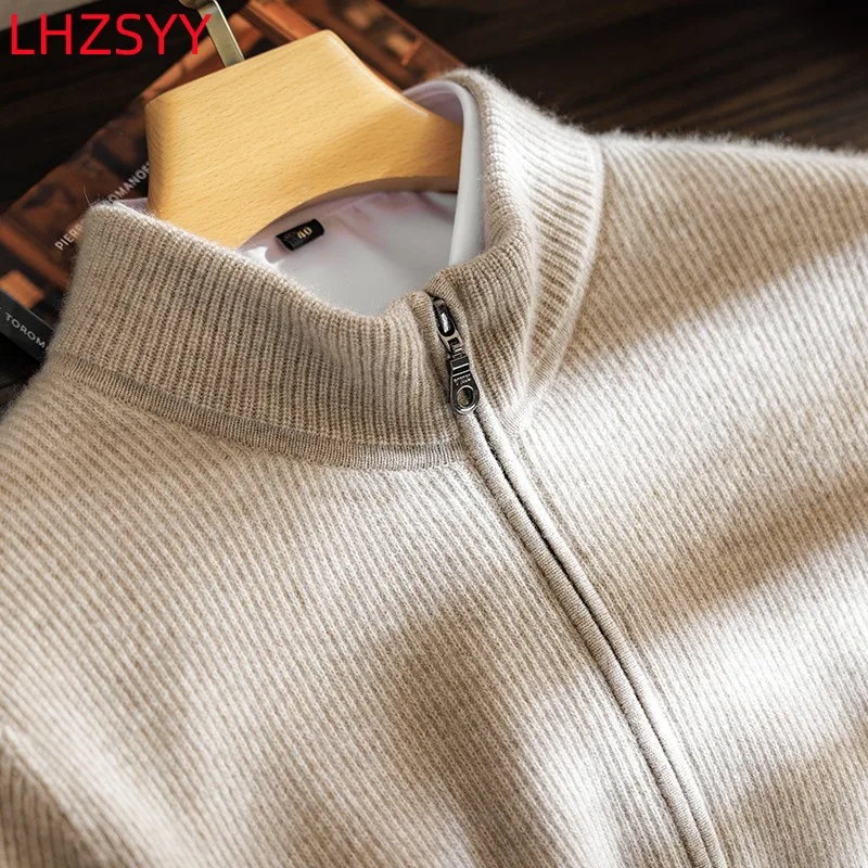 LHZSYY 남성용 100% 순수 캐시미어 니트 가디건, 청년 및 중년 하이엔드 상의, 스탠드 칼라, 느슨한 지퍼 재킷, 따뜻한 스웨터 코트