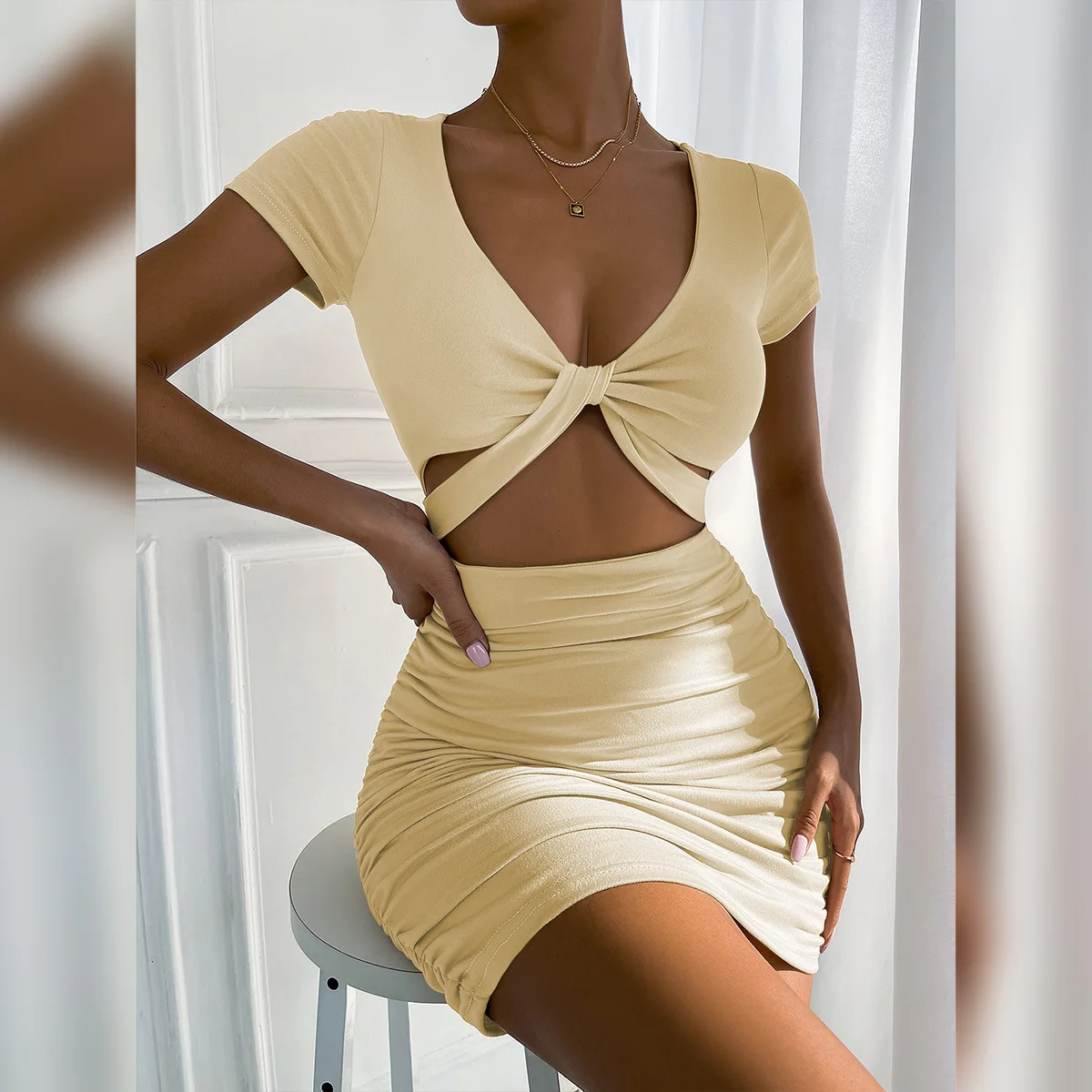 New Y2K Women's Short sleeved Summer Foreign Trade European and American Sexy V-neck Open Waist Bag Hip Dress