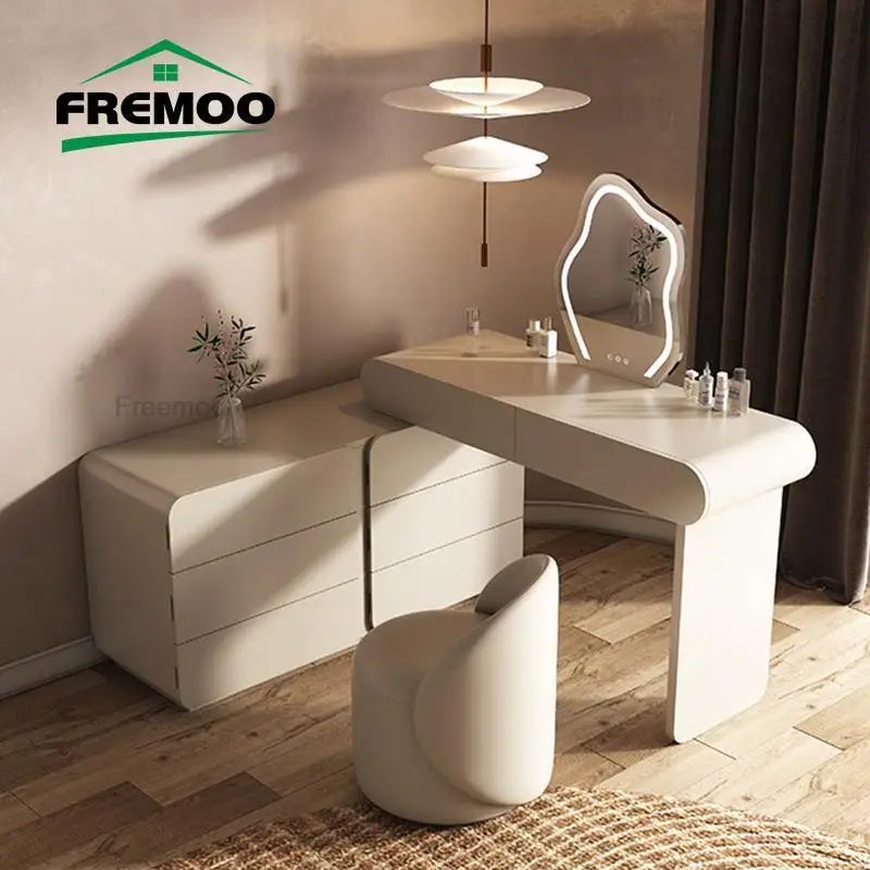 

Modern Bedroom Table Combination With LED Large Mirror Versatile Cabinets Large Capacity White Solid Wood Dresssing Table