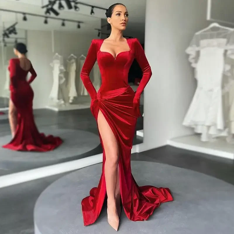 

2024 Elegant Gown Long Dress Evening Club Outfits for Women Gloves Sleeve Velvet Sexy Slit Maxi Dresses Ruched Dresses YXQ12