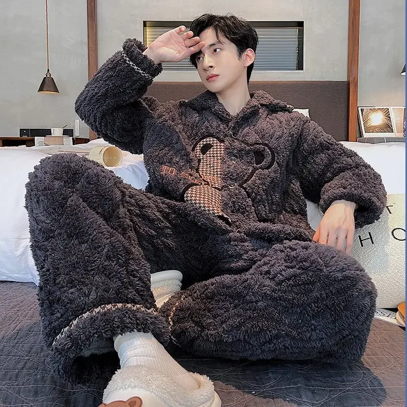 Men New Pajamas Autumn Winter 3-layer Cotton Sleepwear Youth Coral Velvet Thicken Plush Loungewear Flannel Warm Home Clothes Set