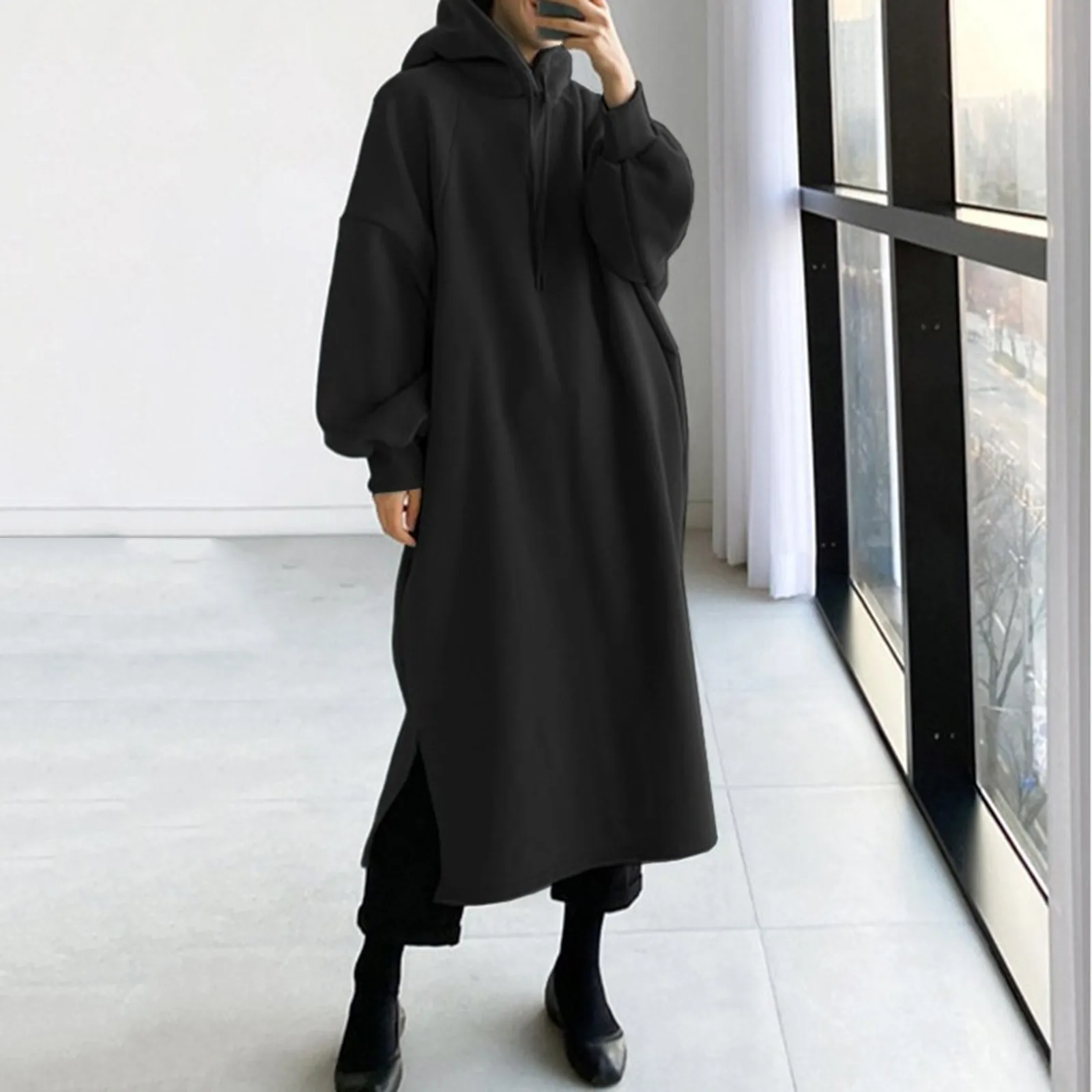 

Autumn Winter Dress for Women Solid Casual Long Sleeve Hooded Pullover Long Sweatshirt Dress With Pockets Fashion Sweatshirt