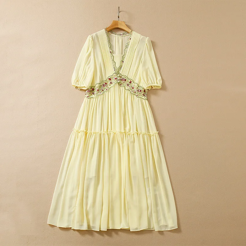 

European and American women's summer 2022 new Cuff sleeves with V collar Embroidery stitching Fashion pleated dress XXL
