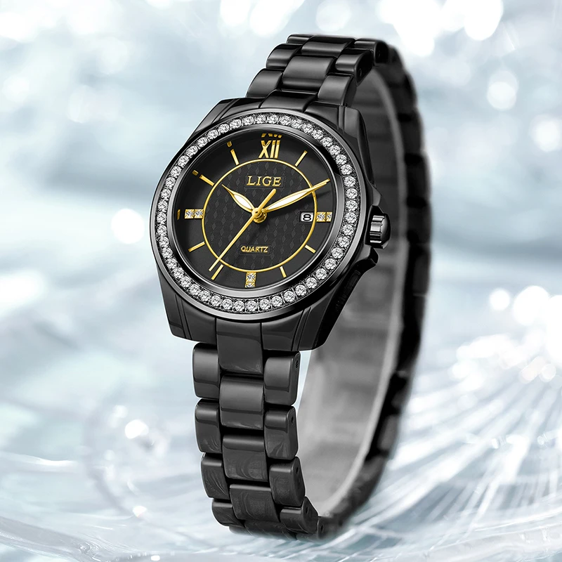 LIGE 2026 New Luxury Black Ceramic Watch Women Fashion Waterproof Luminous Women's Quartz Wristwatch Casual Quartz Chronograph