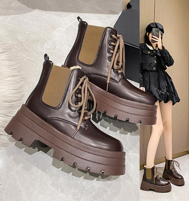 

Женские ботинки со шнуровкой, ботинки на резиновой подошве, с круглым носком, на высоком каблуке, Лолита, Короткие Плюшевые ботинки для осени и зимы, 2023