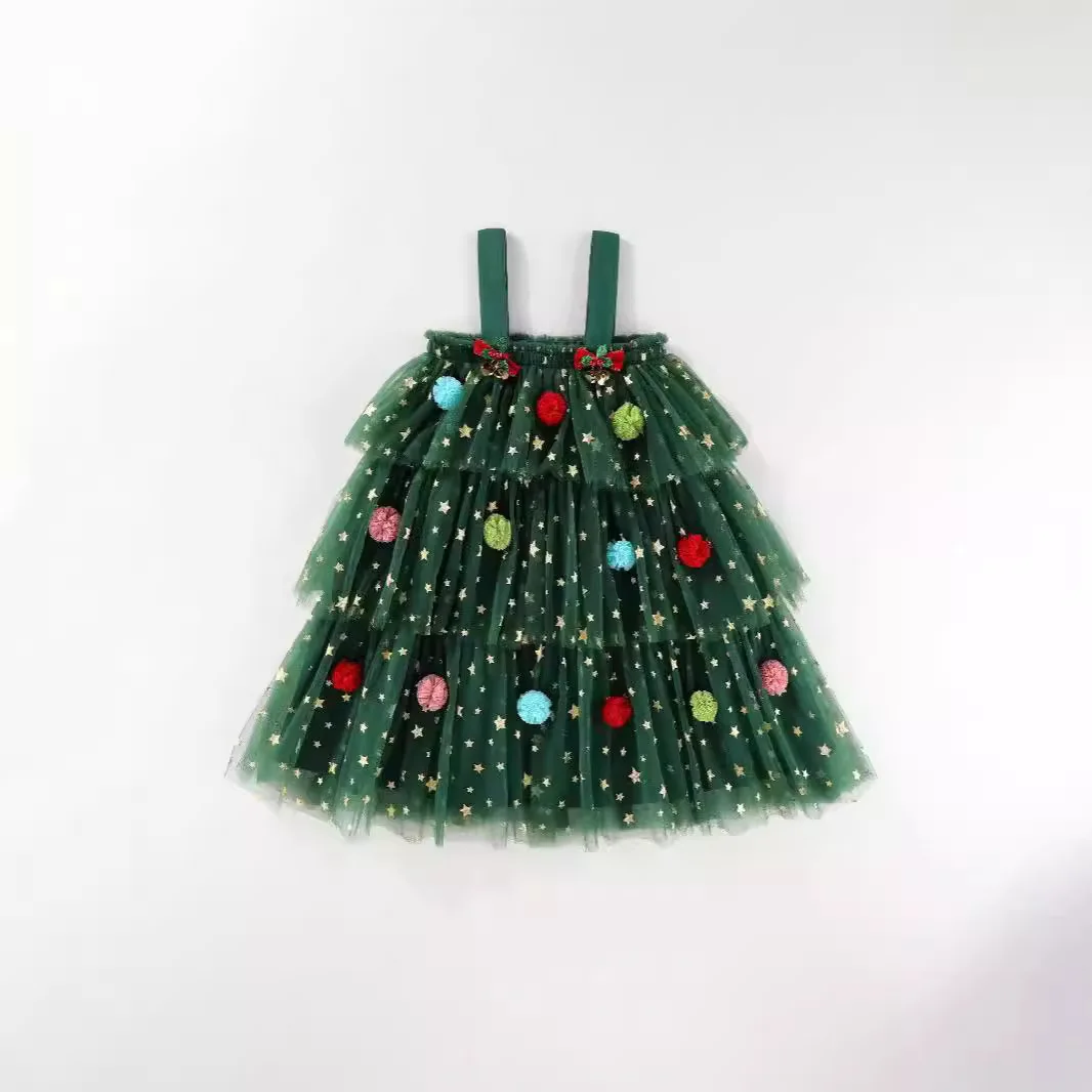 Girl's Holiday Christmas Tree Dress Children Kids Infants Summer Sweet Cake Halter Mesh Dress 1