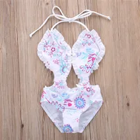 1-6years Kids Girls Swimwear Bodysuit Floral Printed Sleeveless Backless Bandage Ruffled One_piece Swimsuit For Infant Girls 1