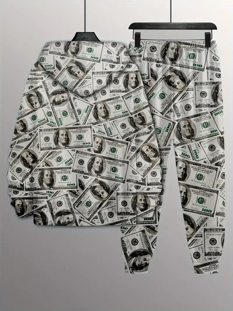 Dollar Pattern Printed Top Two Piece Men's Hooded Sweatshirt Banknote Printed Casual Hoodie Casual Fashion Sweatpants 2