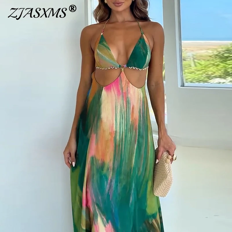 Woman 2025 Fashion Colorful Print Long Dresses Spring Sexy Halter  High-waisted Party Dress Summer Backless Tie-up Bohemian Dress - AliExpress  200000345