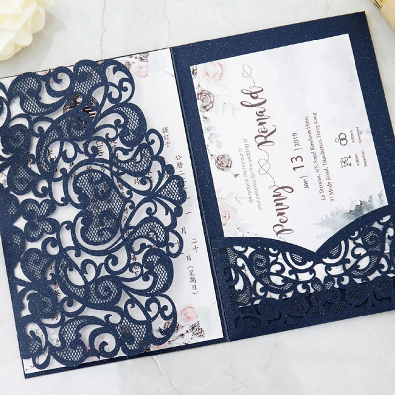 10 pieces Laser Cut Love Heart Wedding Invitation with Thank You Card Personalized Tri-fold Pocket Birthday XV Invitations IC136