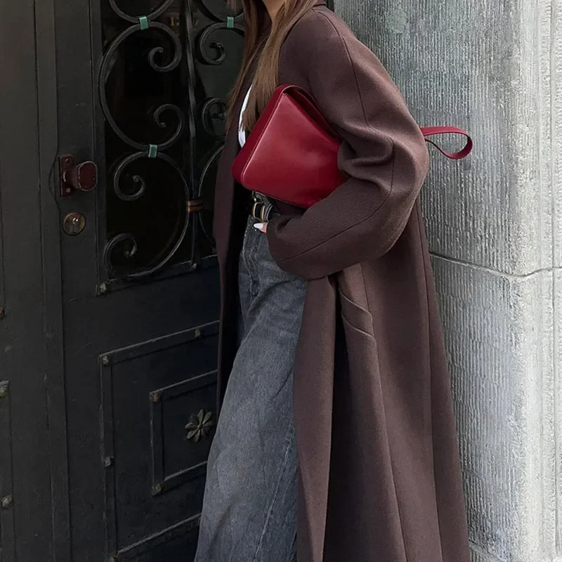 Elegant Lapel Pocket Woolen Long Trench Coat Women Fashion Full Sleeve Loose Overcoat Autumn Winter Lady Commute Outwear