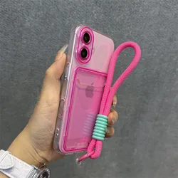 Dual - Color Soft Clear Case with Card Holder and Wrist Strap - iPhone 15 Plus (RoseRedGS)