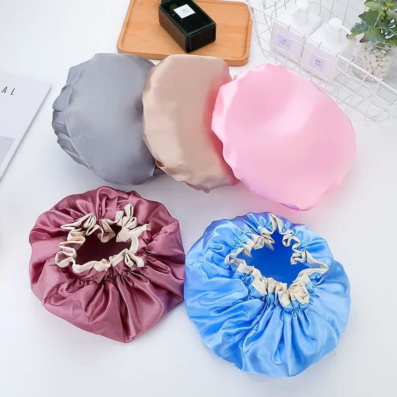 Waterproof Elastic Shower Cap Reusable Thickened Double-layer Bath Hat Women Head Hair Cover Sleep Cap Home Supply