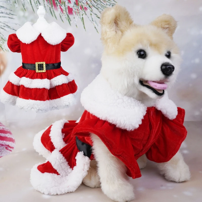 Dog Costume Set Dog Coats Dog Christmas Costume Puppy Dress Santa Claus Pet Clothes Velvet Skirt Winter Outfit For Small Medium Dogs Cats Warm Coat Xmas