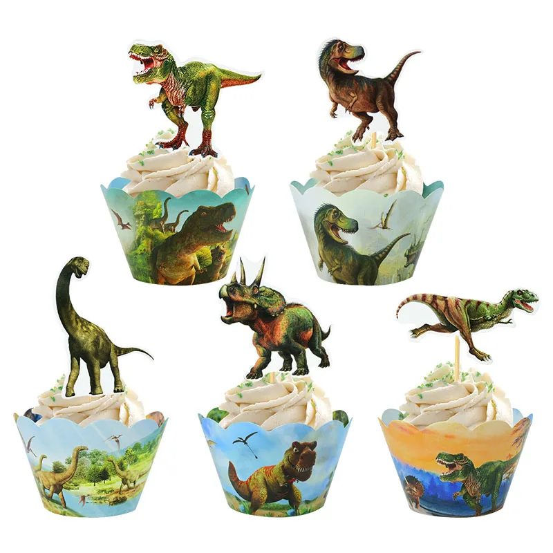 24pcs Dinosaur Cupcake Wrappers Cake Toppers Kids Boy Dinosaur Theme Jungle Animal Birthday Party Cake Decoration Supplies