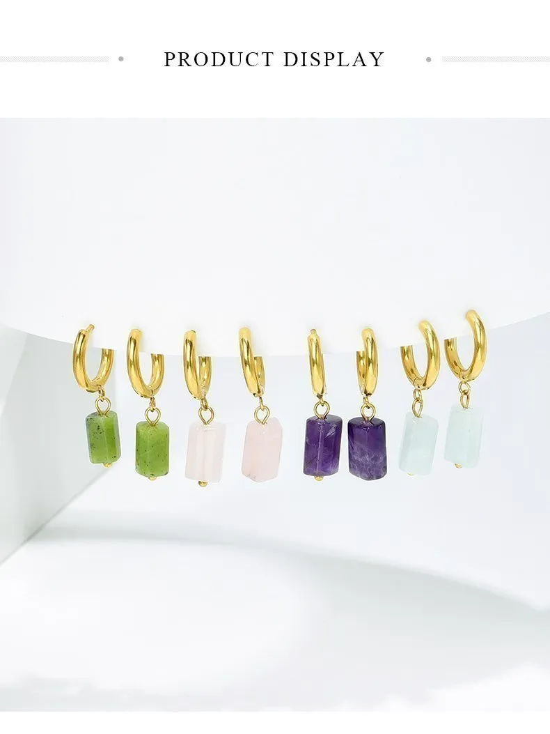 Natural Stone Amethyst Aquamarine Cylinder Shape Stainless Earring Women Reiki Healling Pendant Earring Fashion Jewelry Gifts