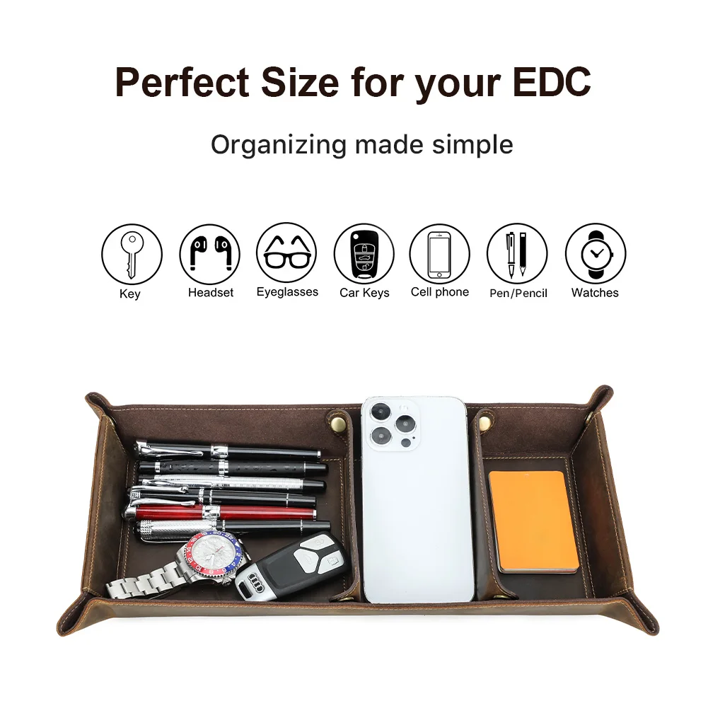 Genuine Leather 3 Grids Desk Tray Home Office Accessories Durable Storage Organizer for Car Keys Jewelry Glasses Watch Phone Pen