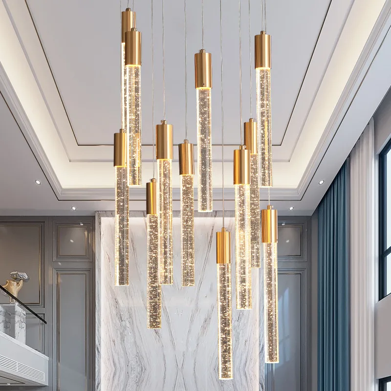 Hollow Crystal Column Chandelier, Lâmpada Longa, Escadaria, Hotel e Apartamento, Moderno e Simples, Restaurante, Vendas e Projeto Duplex