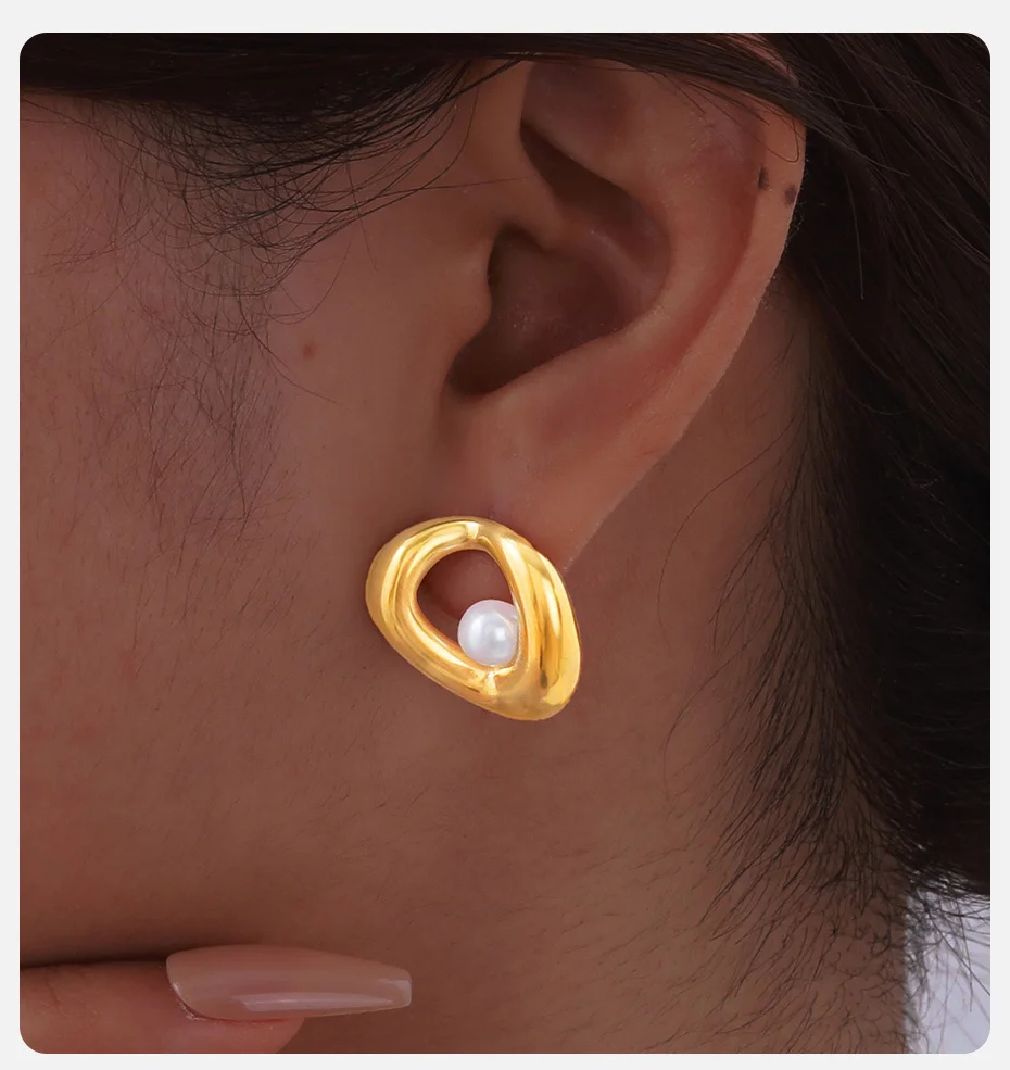 Vnox Geometrische Ohrringe, hohle Perleneinlage, elegante Luxus-Ohrstecker aus Edelstahl, Jubiläumsschmuck für Frauen – Detail 3