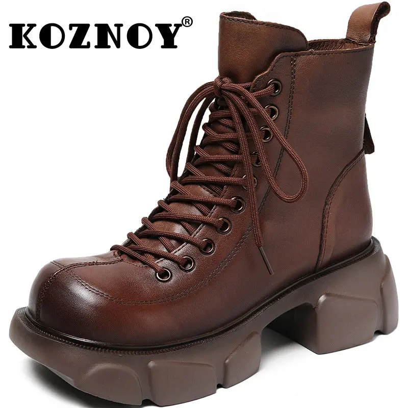 

Koznoy 5.5cm Cow Genuine Leather Moccasins for Women British Mid Calf Boots Platform Wedge Spring Autumn Ankle ZIP Big-toe Shoes