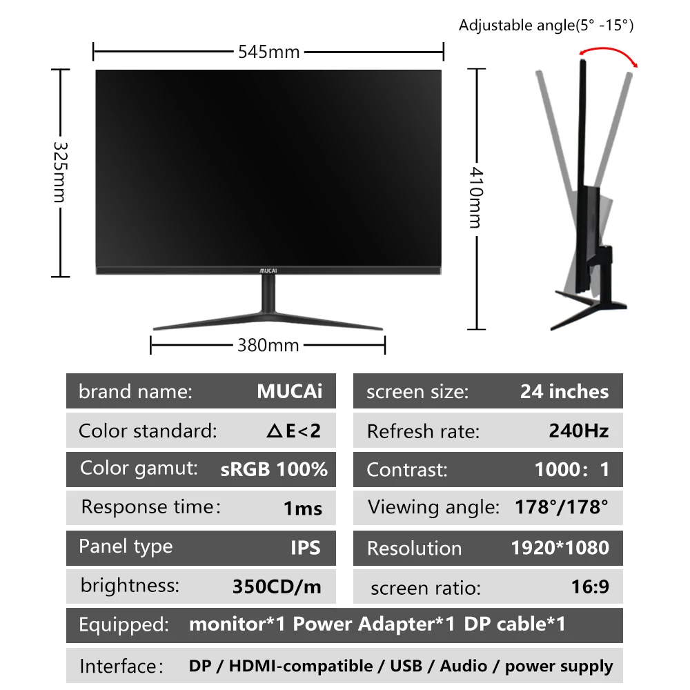 MUCAI LCD ÷ PC, IPS FHD ũž ̸ ǻ ũ,  г, HDMI ȣȯ DP, 1920*1080, 24 ġ , 240Hz